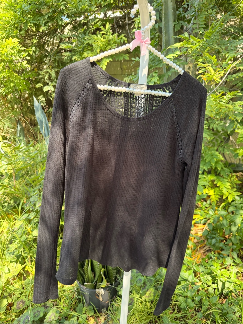 Lucky Brand Black Long-Sleeve Cotton Thermal Top with Lace Back Panel